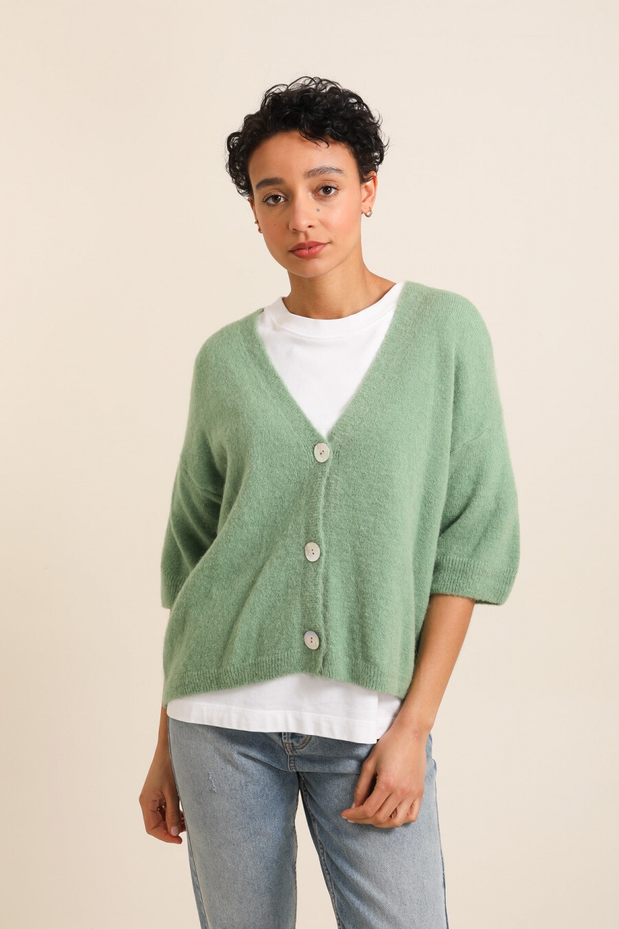 Grossista NAÏS - CARDIGAN SCOLLO V MANICA 3/4 IN BABY ALPACA