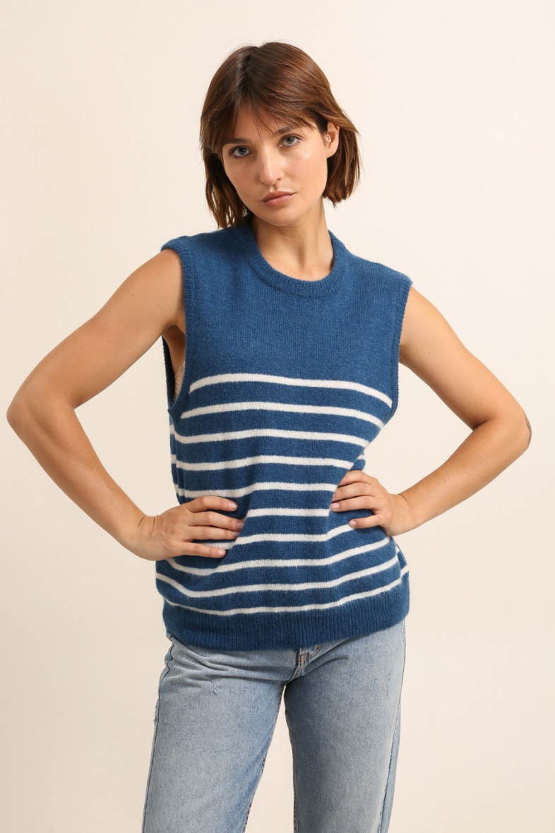 Wholesaler NAÏS - ROUND-NECK SLEEVELESS STRIPED SWEATER IN SUPER KID MOHAIR AND WOOL
