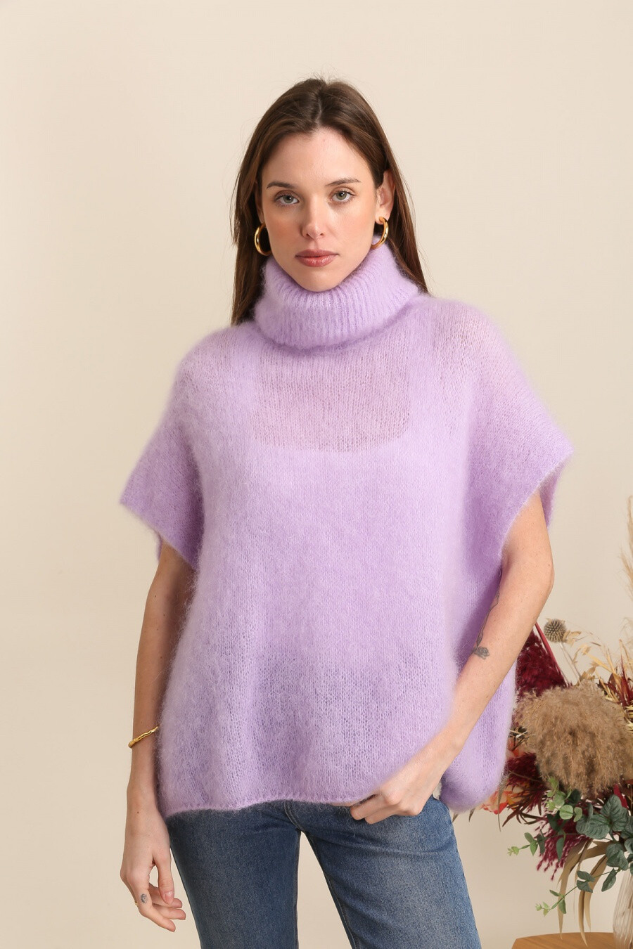 Grossiste NAÏS - PULL PONCHO COL ROULE EN 80% KID MOHAIR