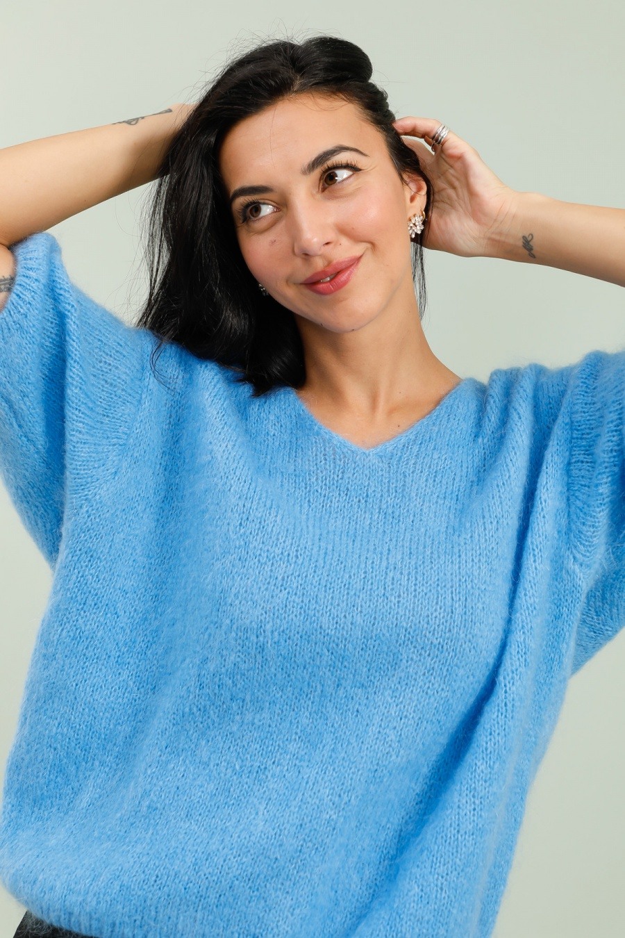 Pull Femme Laine Ample Col Roulé Pull Manches 3/4 Mohair Neuf CJ-2359