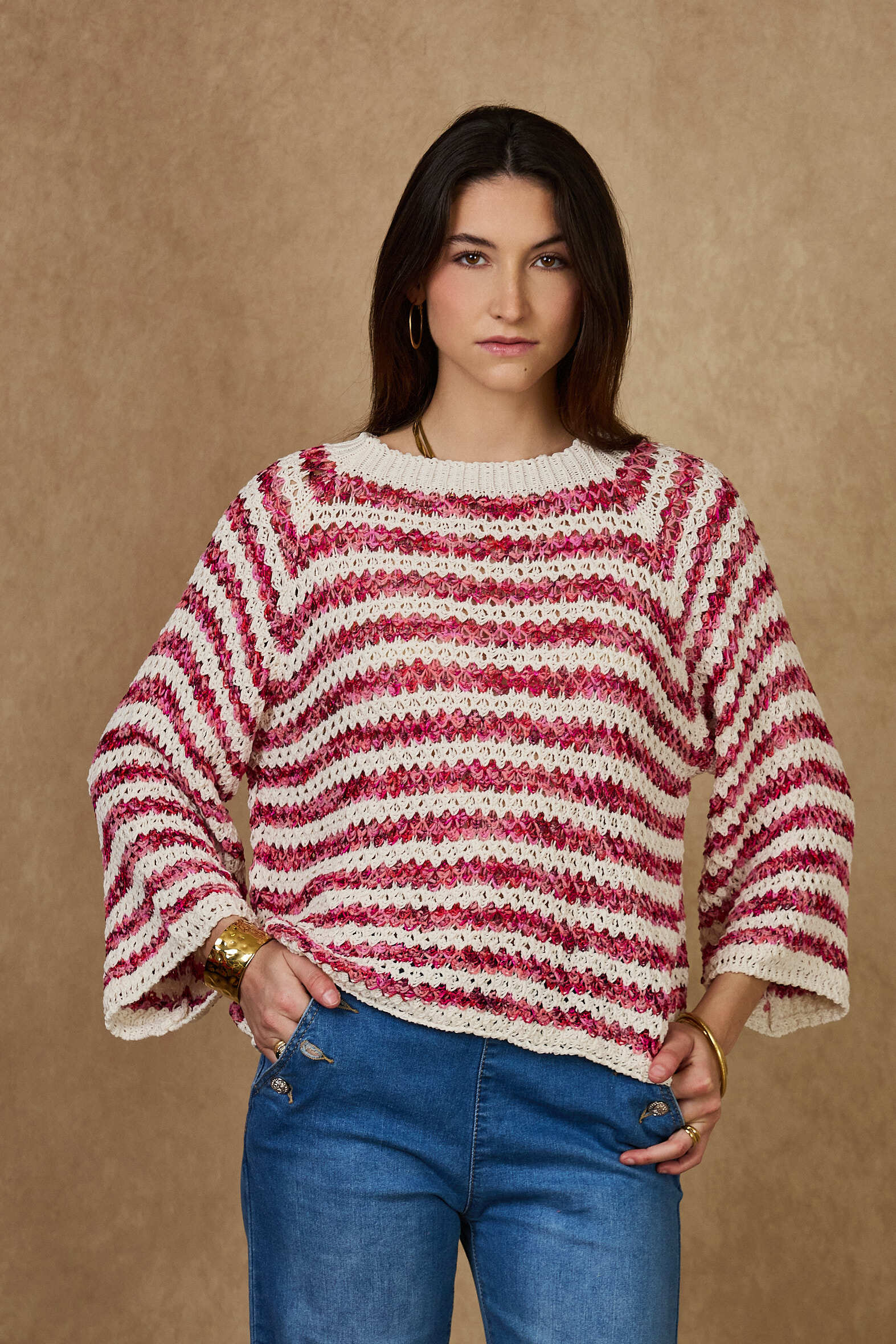 Grossiste NAÏS - Pull col rond en maille coton rayé