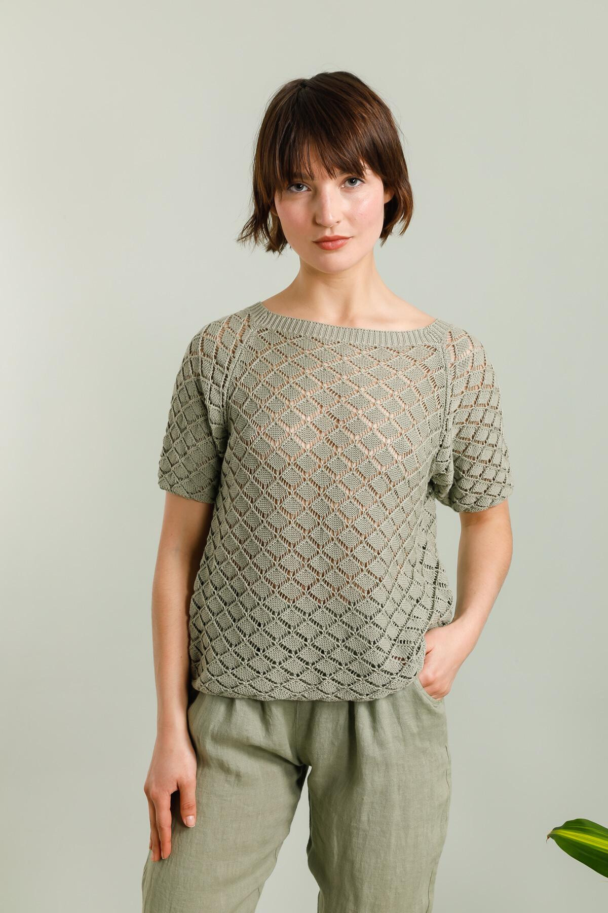 Grossiste NAÏS - Pull t-shirt en maille col rond ajouré manches courtes 100% coton