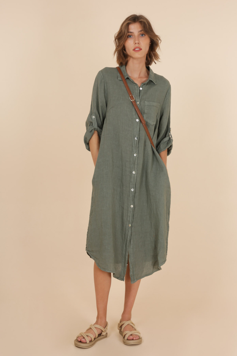 Grossiste NAÏS - ROBE-CHEMISE LONGUE AVEC POCHES SRU LES COTES 100% LIN