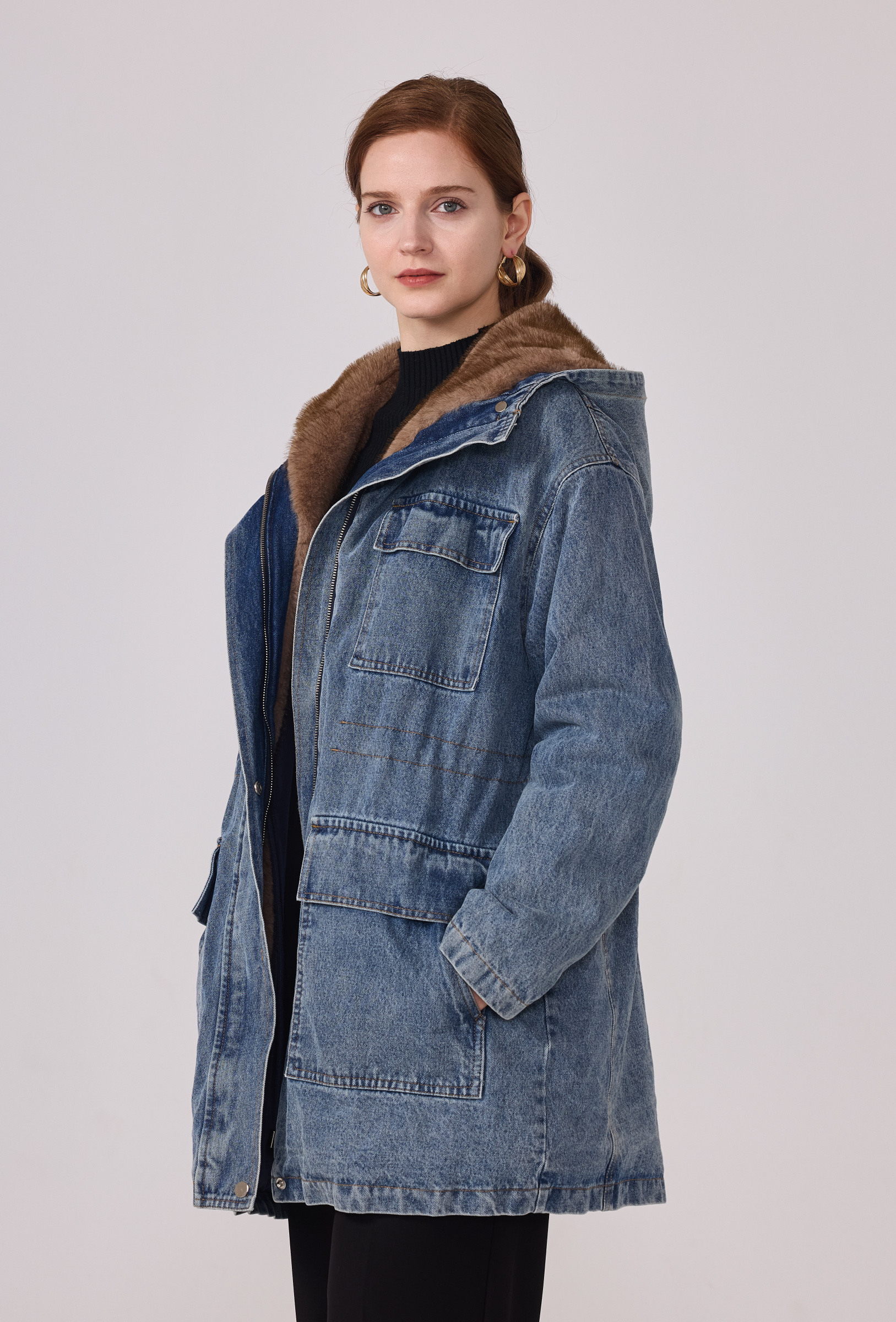 Wholesaler Nana Love - Mid-length Denim Coat with Hood
