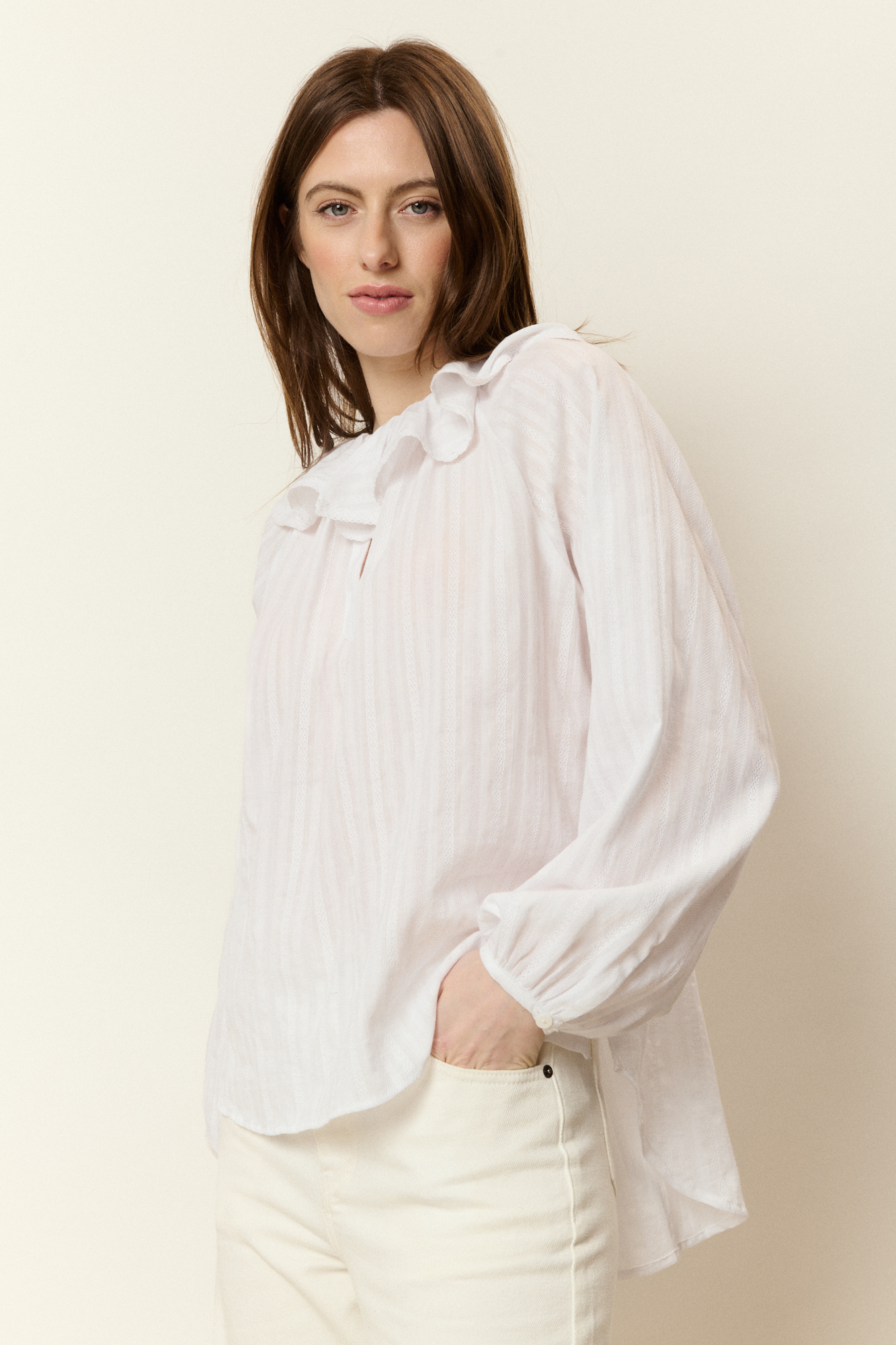 Grossista NATHAEL - Blusa in Jacquard di Cotone con Colletto Peter Pan
