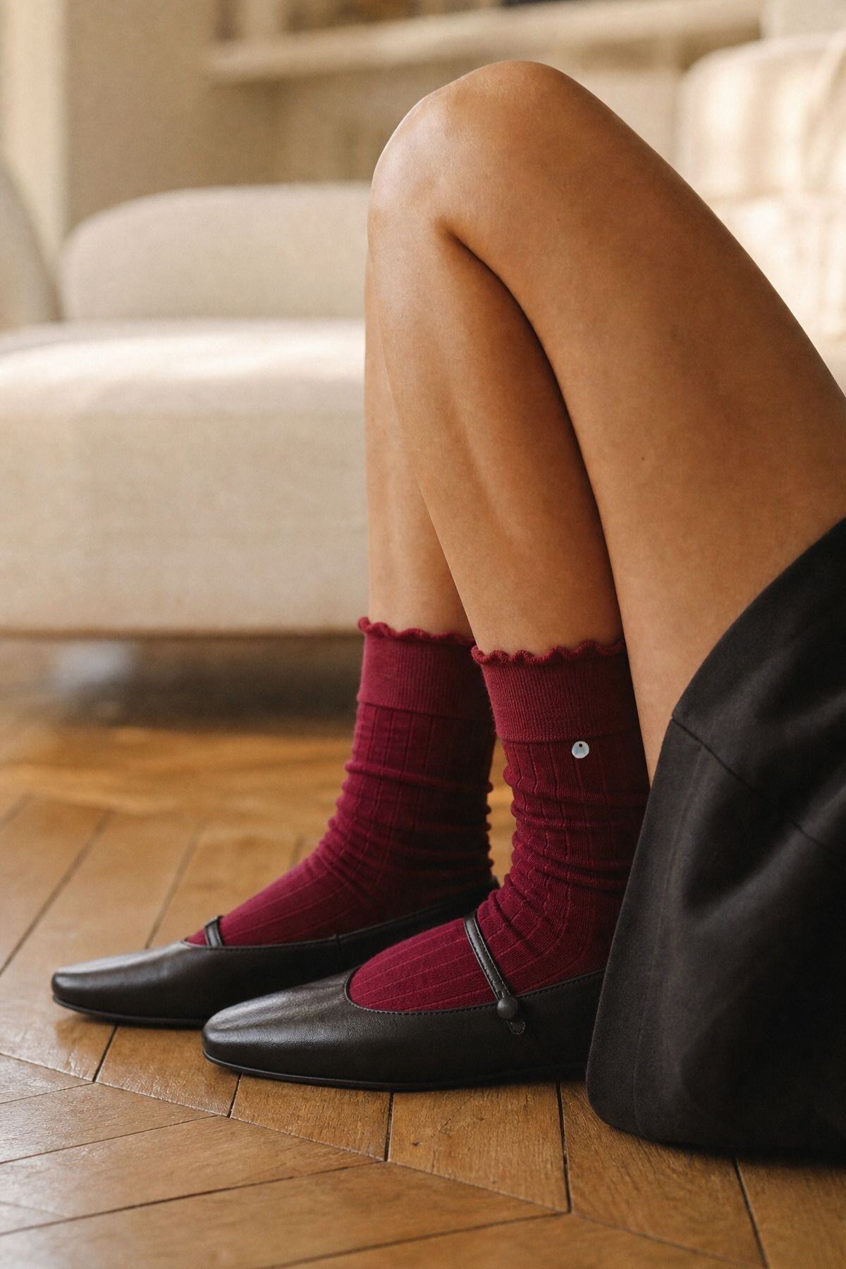 Grossiste NATHAEL - Chaussettes Laine Côtelées Perle Nacrée