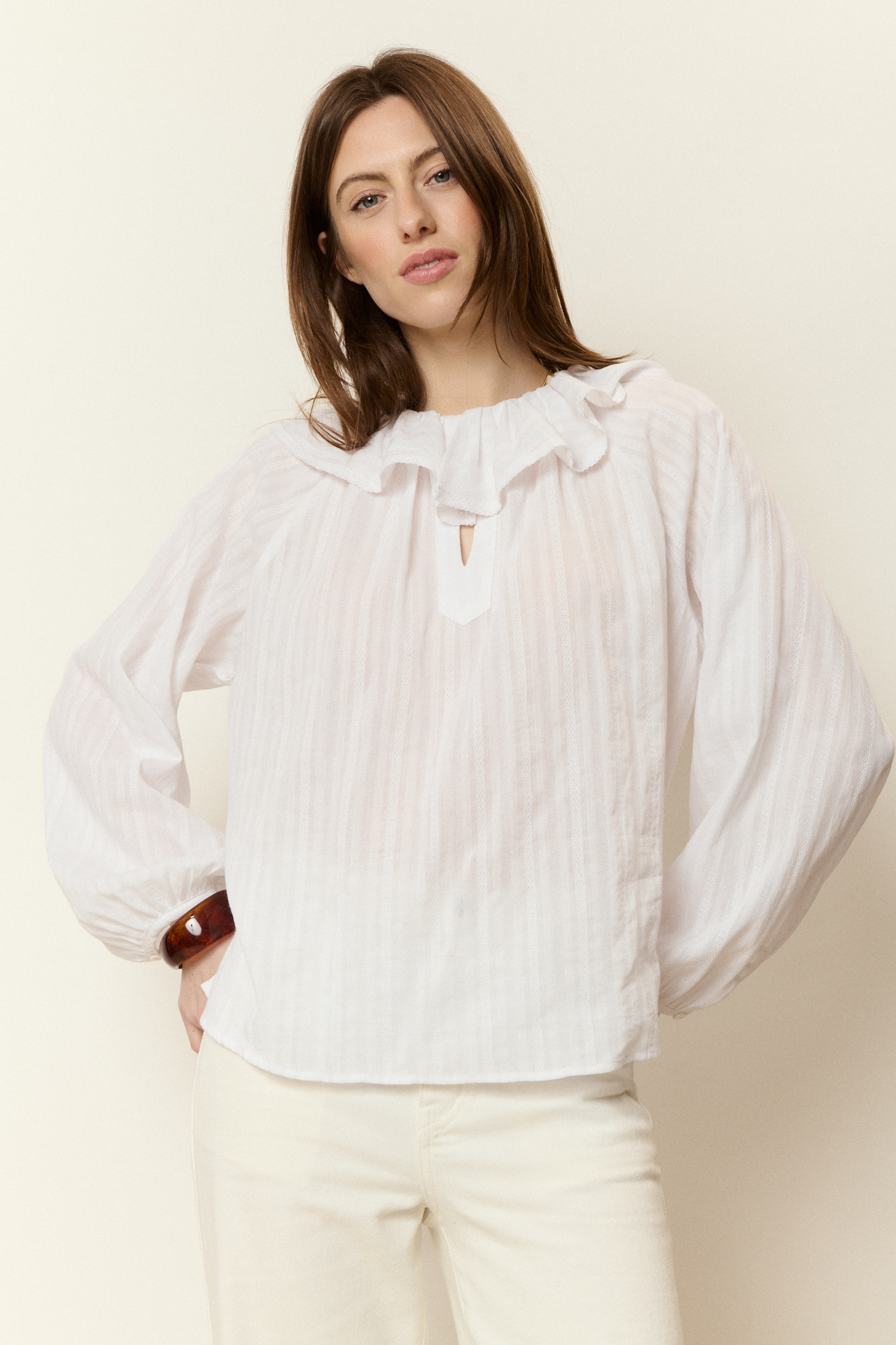 Mayorista NATHAEL - Blusa de Jacquard de Algodón con Cuello Peter Pan
