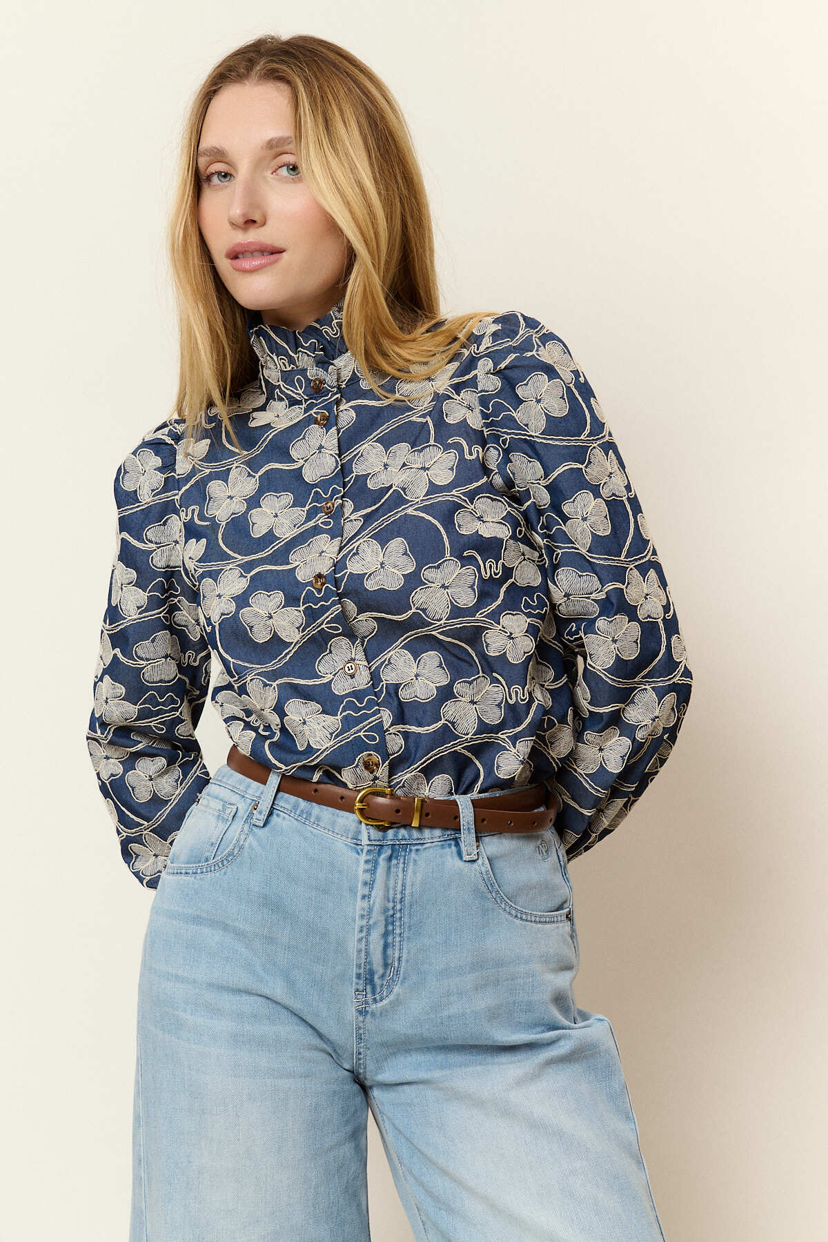 Wholesaler NATHAEL - Embroidered Chambray Shirt with Gathered High Collar
