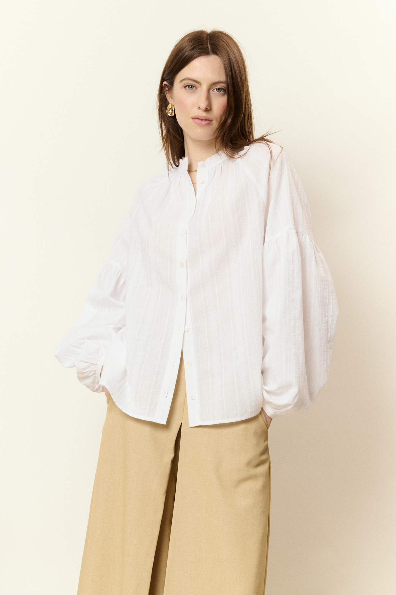 Mayorista NATHAEL - Camisa de Jacquard de Algodón con Mangas Voluminosas