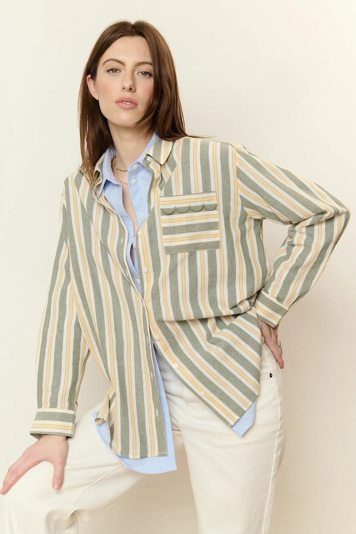 Wholesaler NATHAEL - Oversized Striped Cotton Shirt with Scalloped Pocket