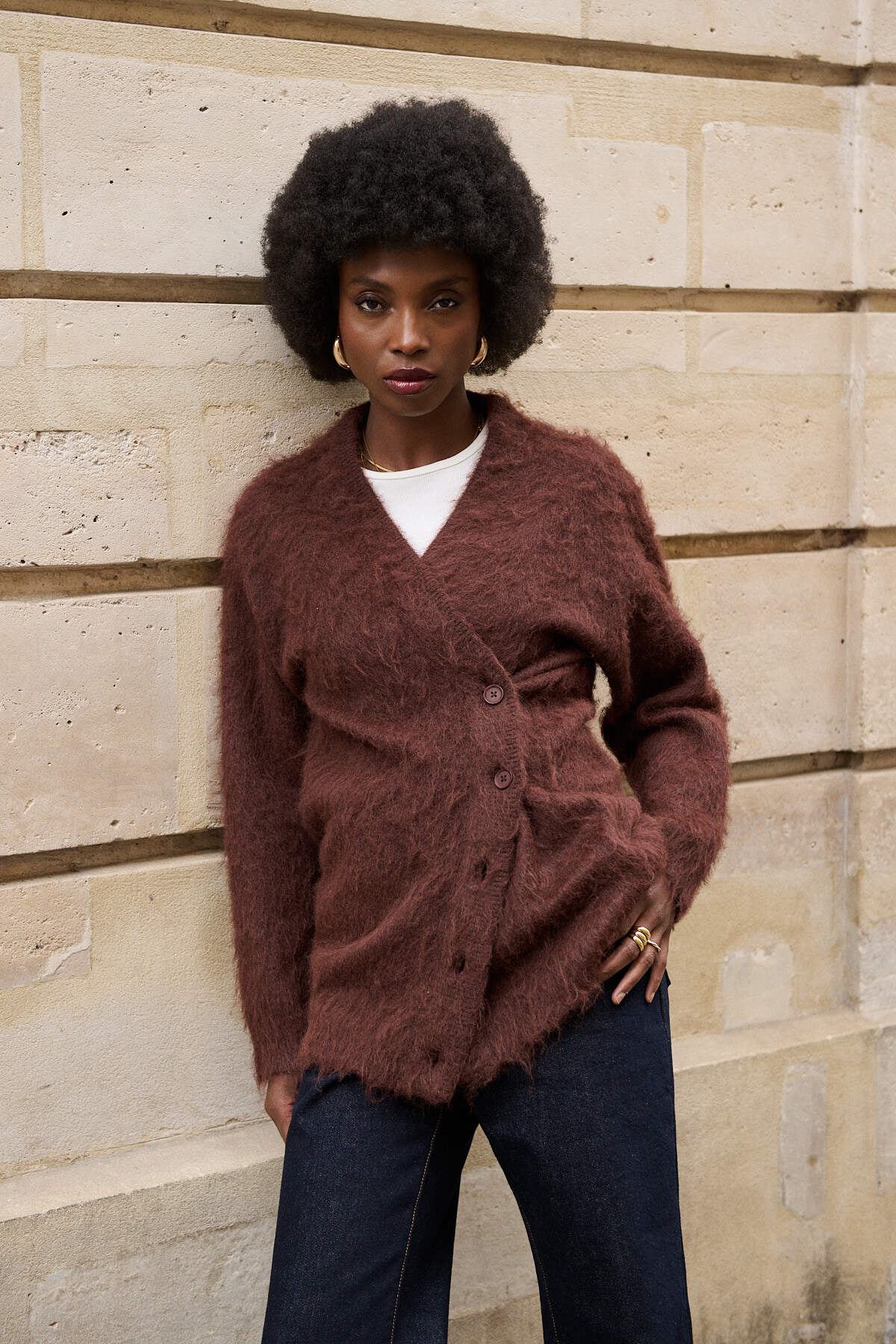Großhändler NATHAEL - Langer Strickjacke aus gebürsteter Wolle mit asymmetrischem Verschluss