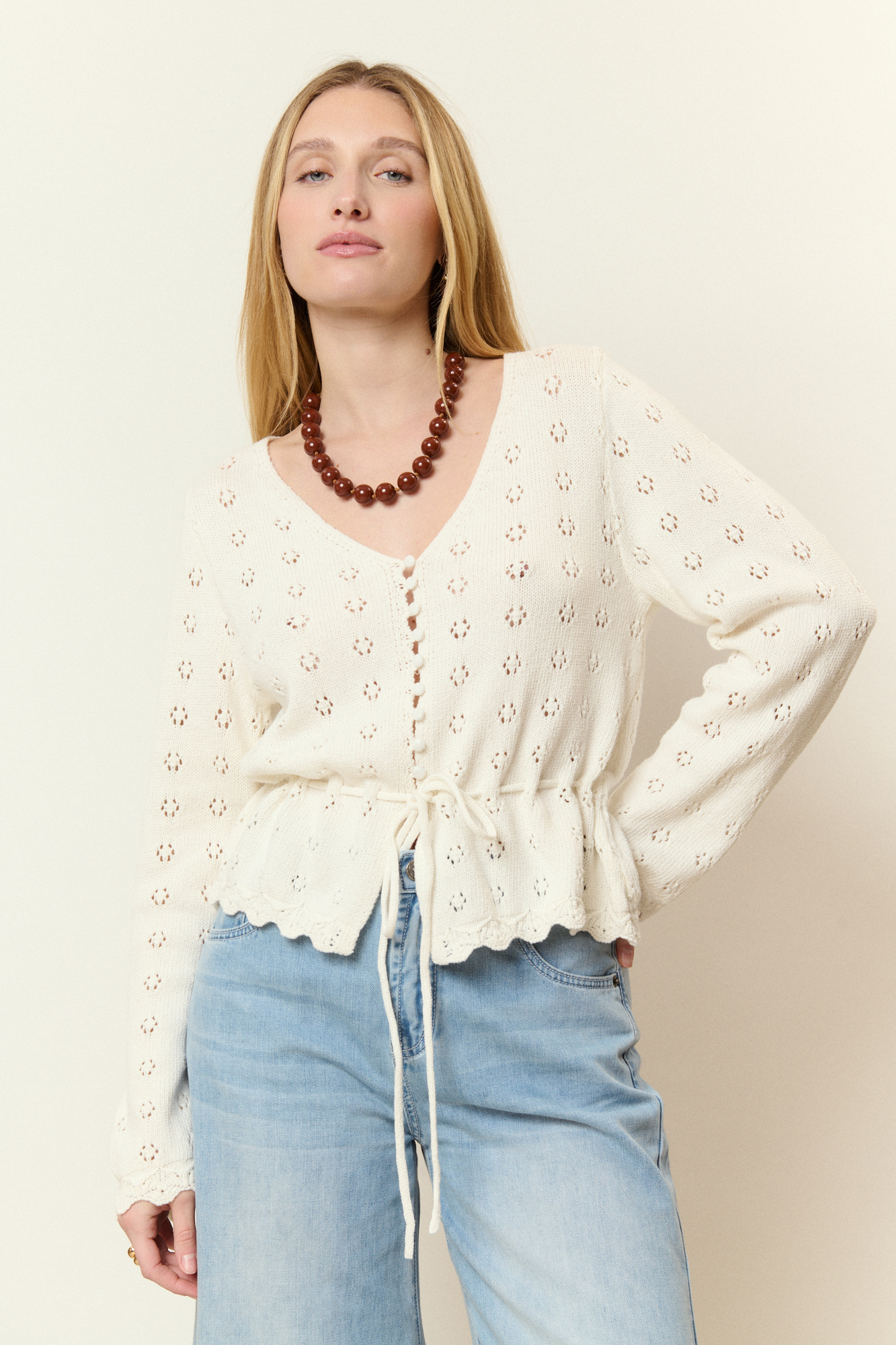 Wholesaler NATHAEL - Short Cotton Cardigan with Cinched Waist