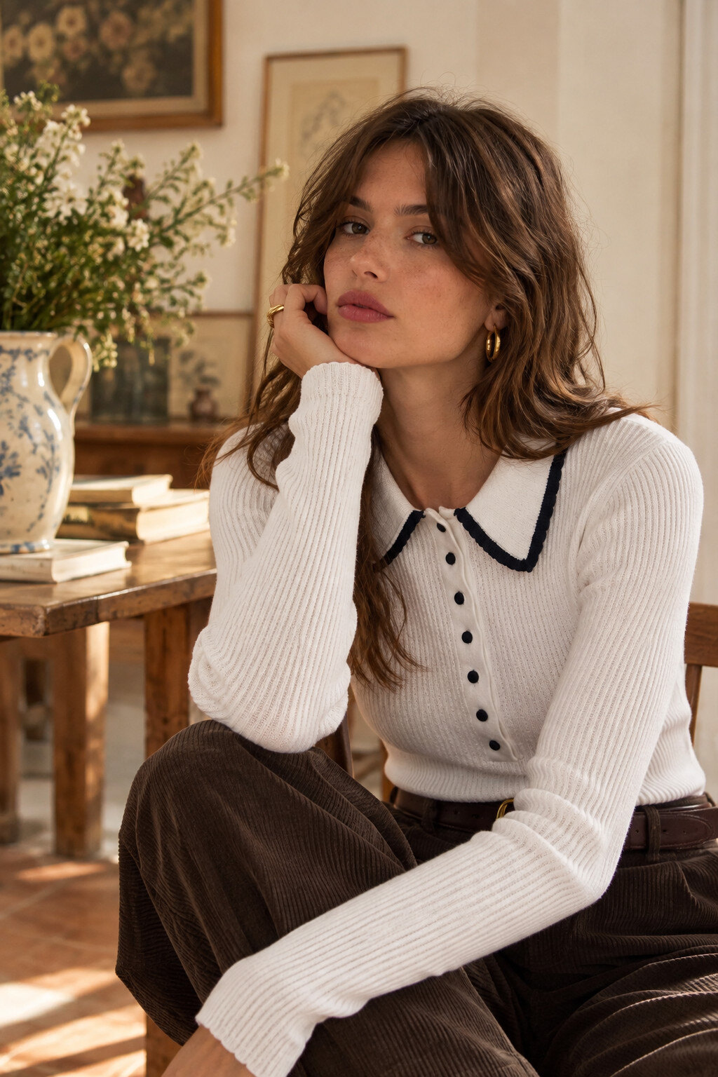Grossiste NATHAEL - Polo Laine Coton Festonné Contrasté — Manches longues
