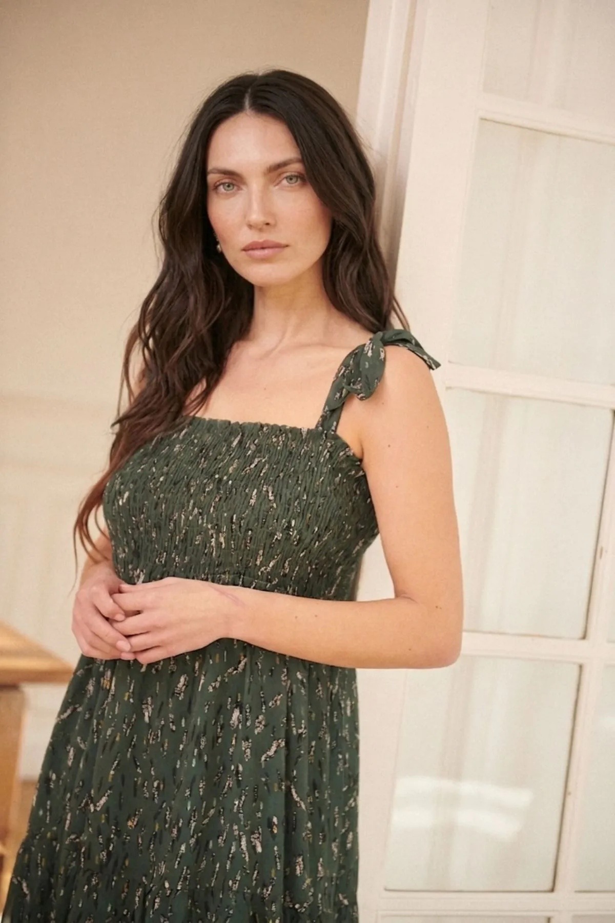Wholesaler NATHAEL - Printed smocked linen dress with straps