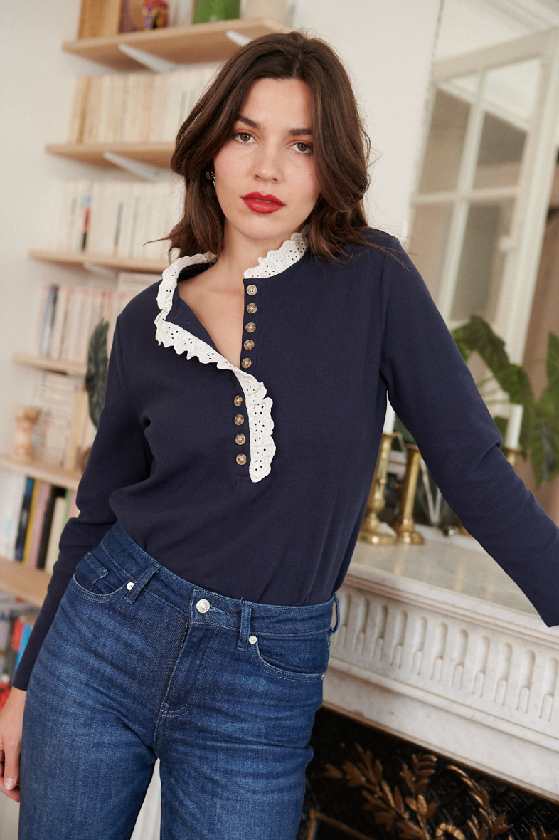Grossiste NATHAEL - Polo en coton avec col en dentelle