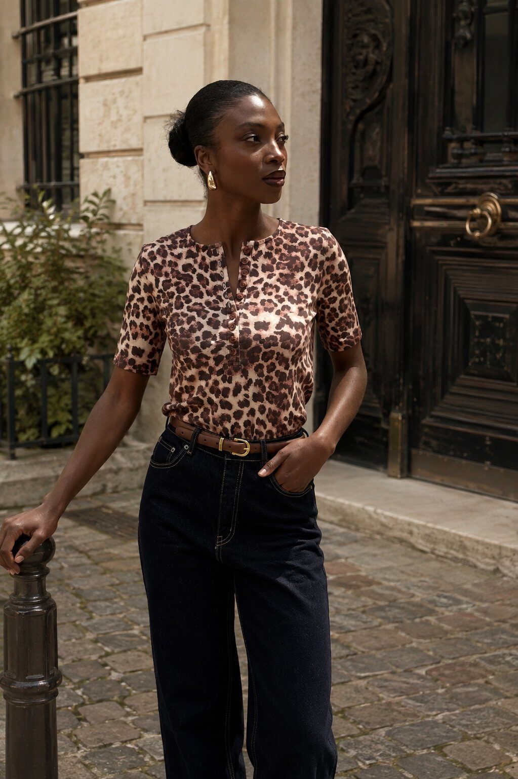 Grossiste NATHAEL - T-shirt maille en coton imprimé léopard