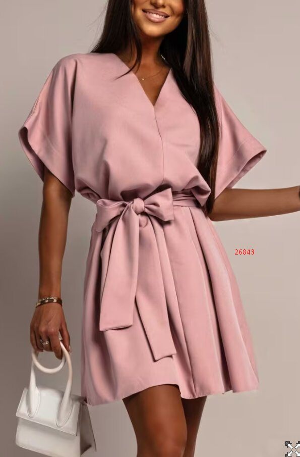 Mayorista neo image - Vestido corto elegante rosa empolvado con cinturón en la cintura