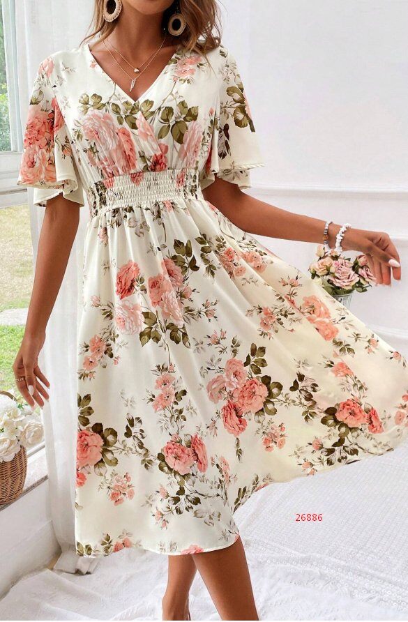 Mayorista neo image - Vestido elegante de flores con mangas con volantes y cintura fruncida