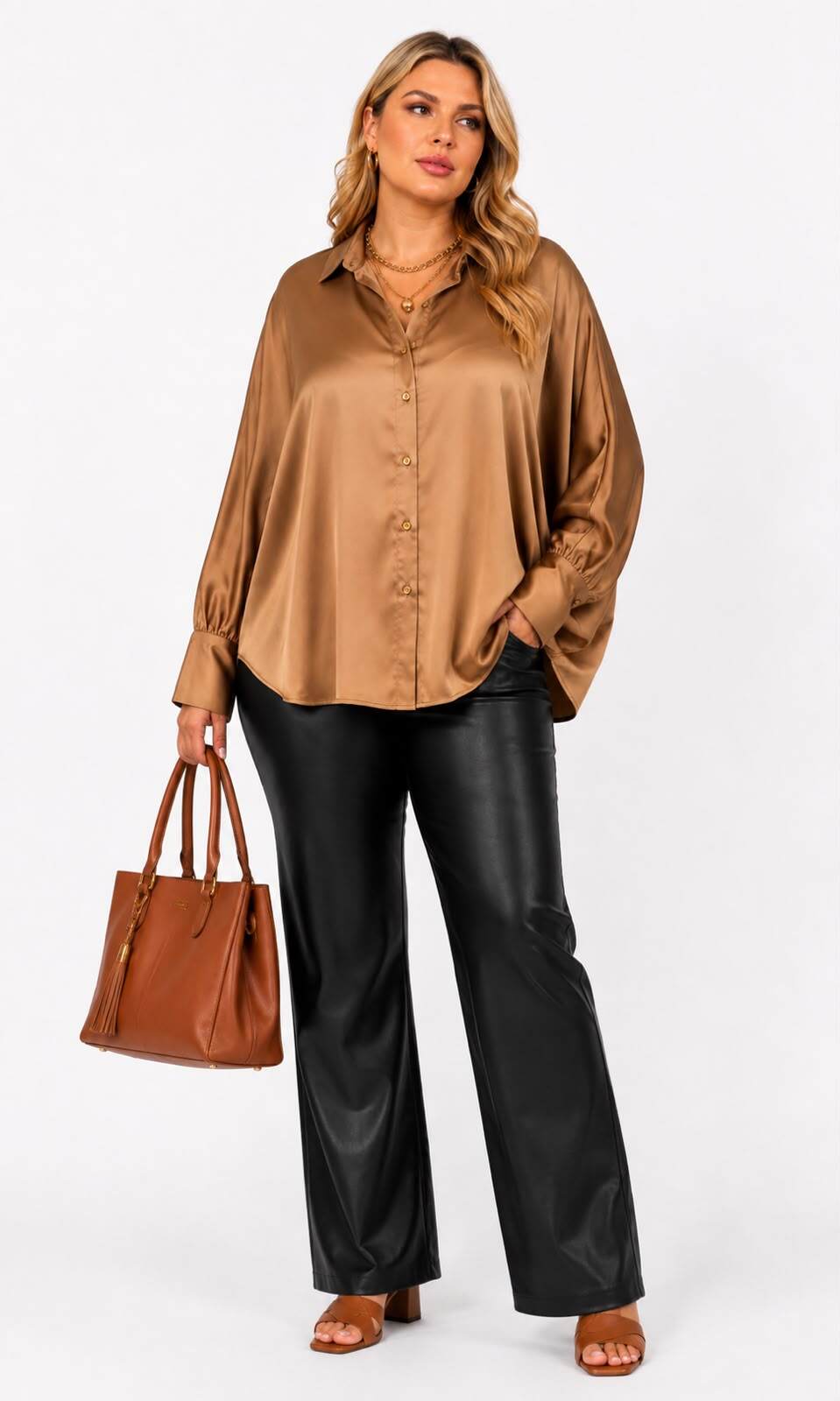 Wholesaler NEW & CO - Oversized Satin Shirt with Batwing Sleeves