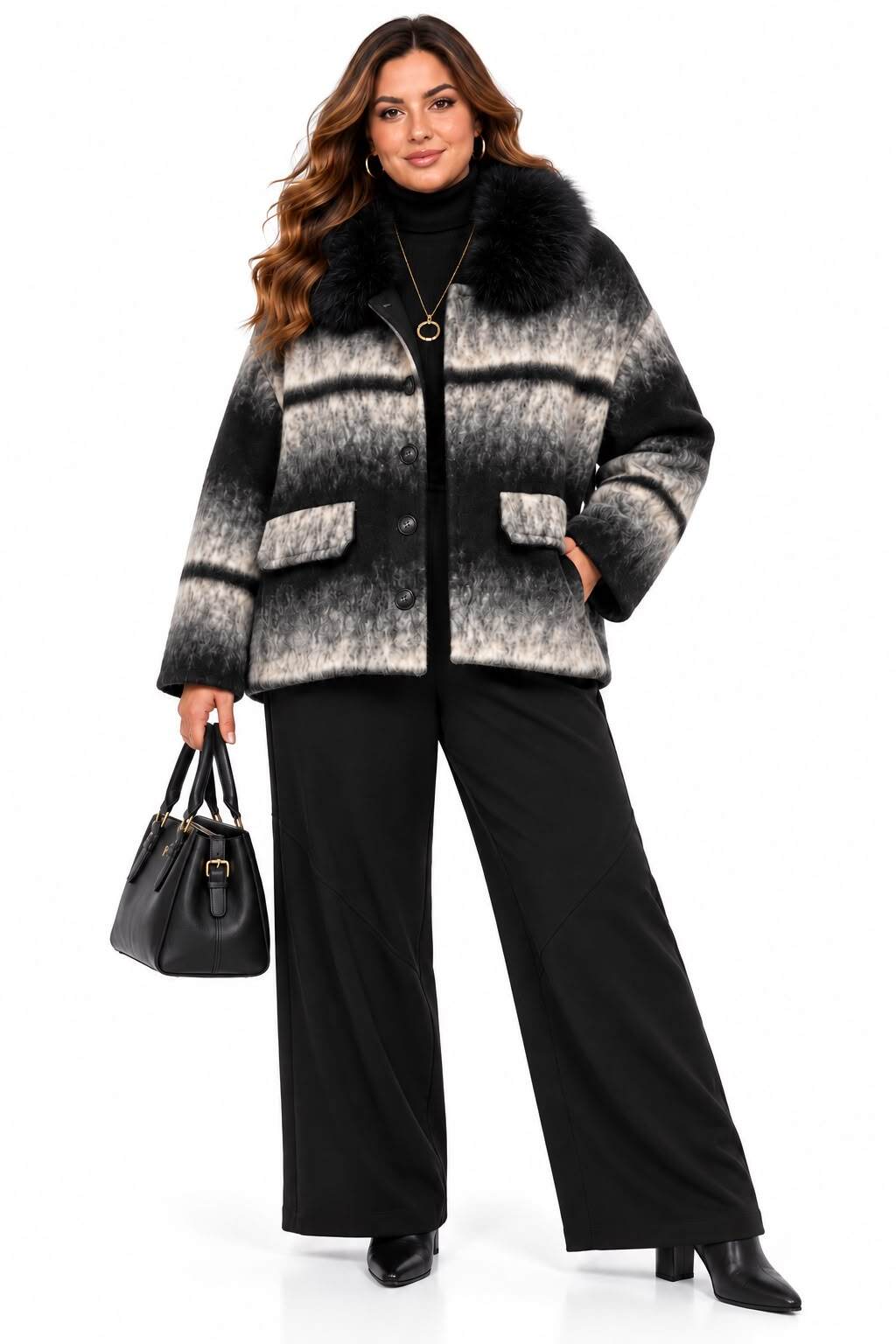 Großhändler NEW & CO - Kurze Jacke aus Wollmischung mit Pelzkragen und Farbverlaufsmuster