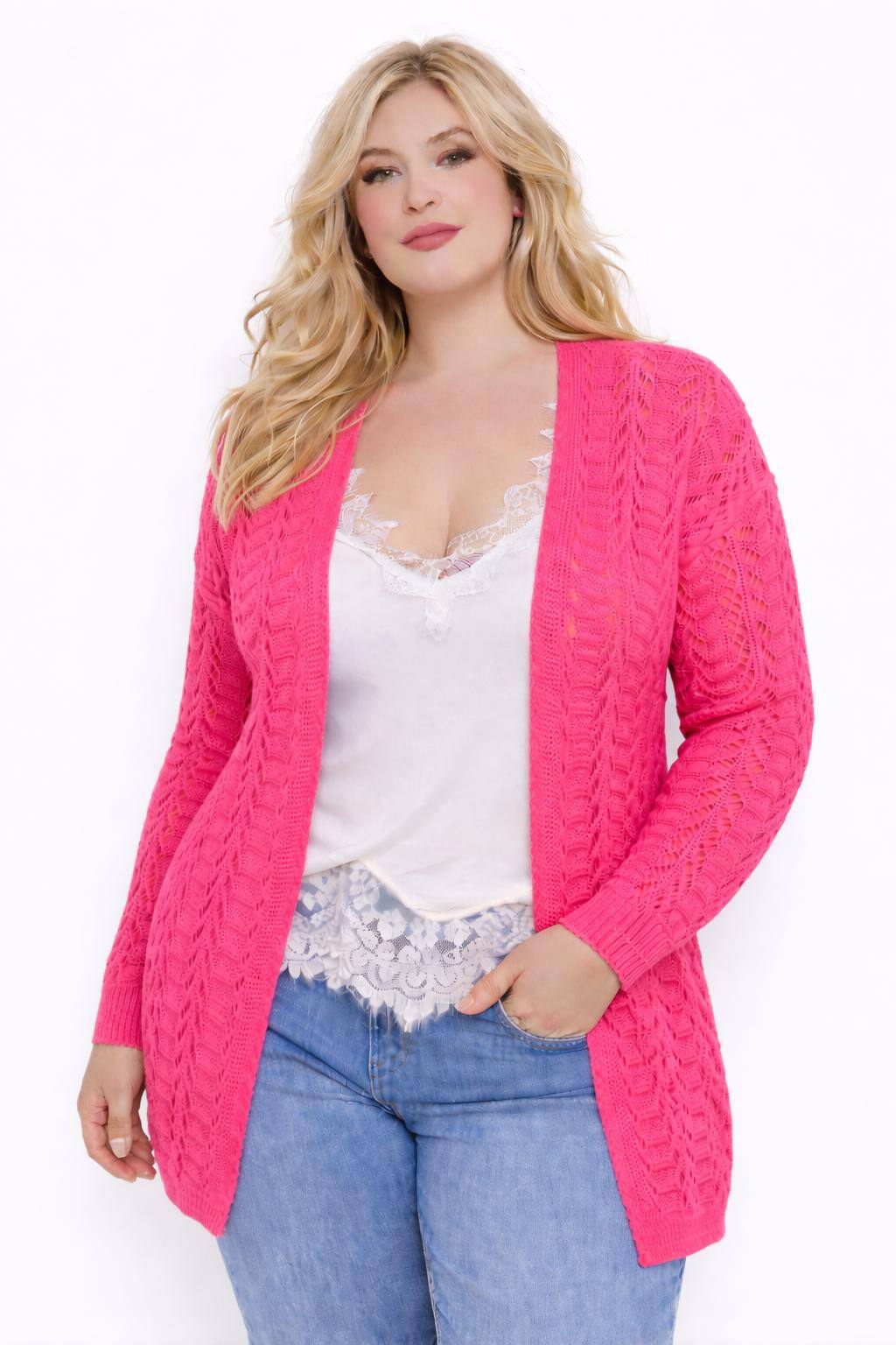 Grossista NEW & CO - Cardigan Lungo Traforato in Maglia Morbida