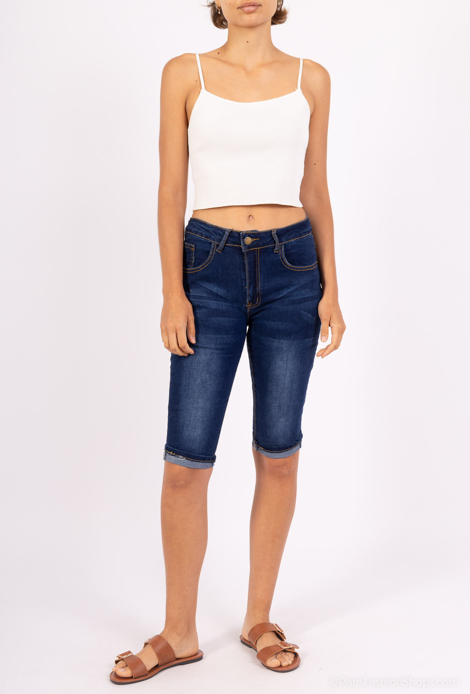 Wholesaler New Lolo - PANTAOCURT HIGH WAIST WITH NO PATTERN SOLID COLOR BLUE NAVY
