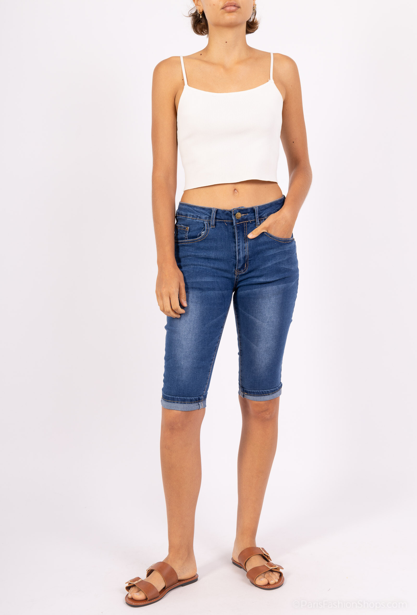 Grossiste New Lolo - PANTACOURT TAILLE HAUTE AVEC AUCUN MOTIF COULEUR UNIE BLEU MARINE