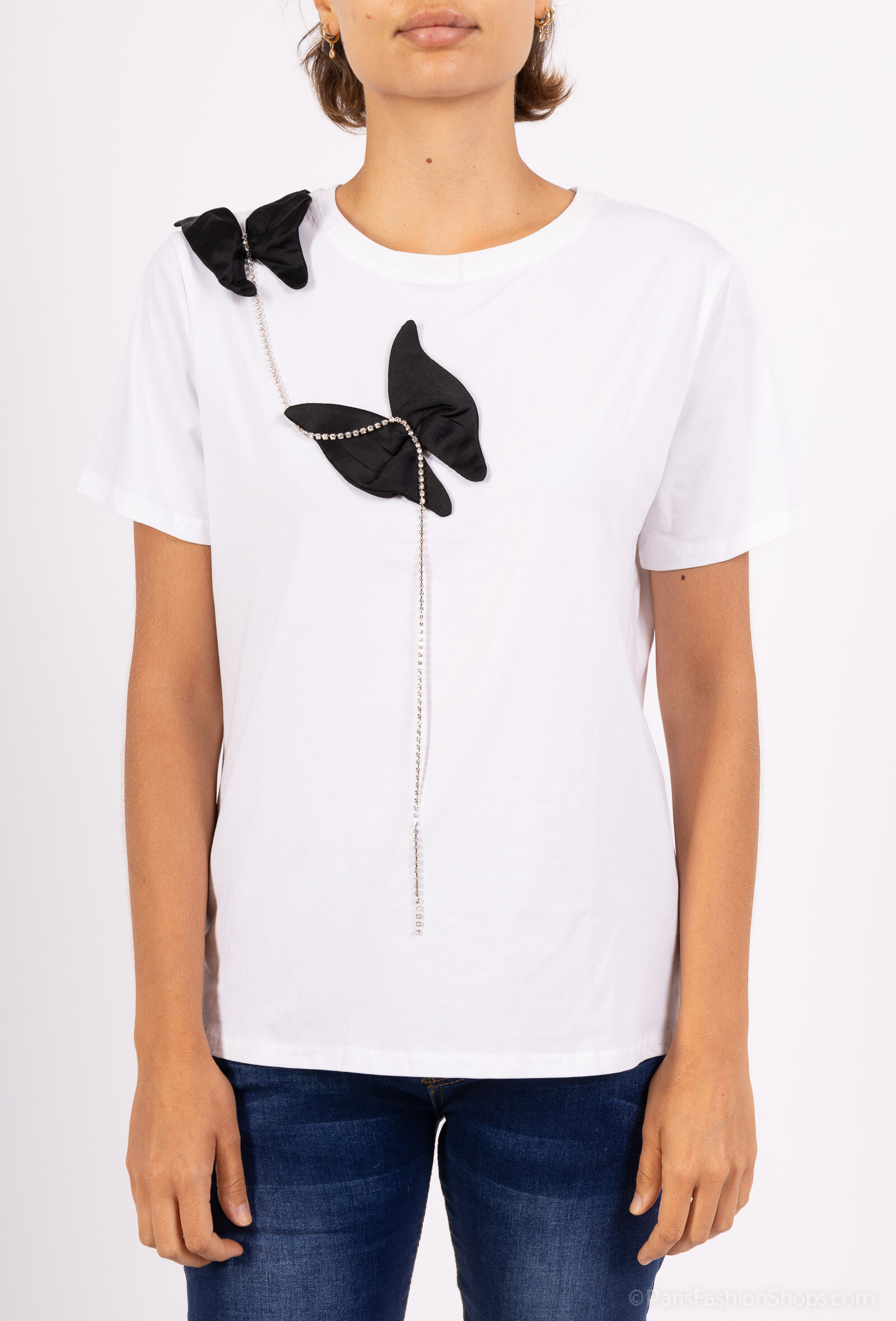 Grossiste New Lolo - T SHIRT AVEC DEUX NOEUDS  COULEUR NOIR ET BLANC