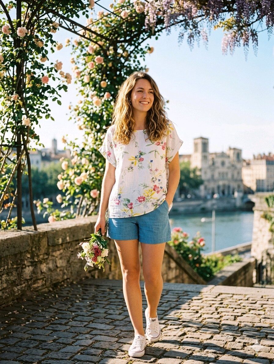 Großhändler New Sensation - BLUSE MIT RUNDAUSSCHNITT UND FLORALEM PRINT 100% BAUMWOLLE