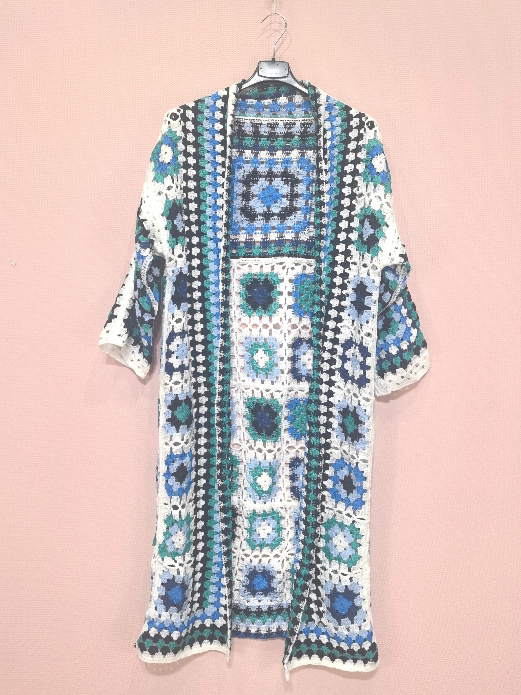 Mayorista New Sunshine - Chaleco de crochet multicolor largo con patrones de abuela