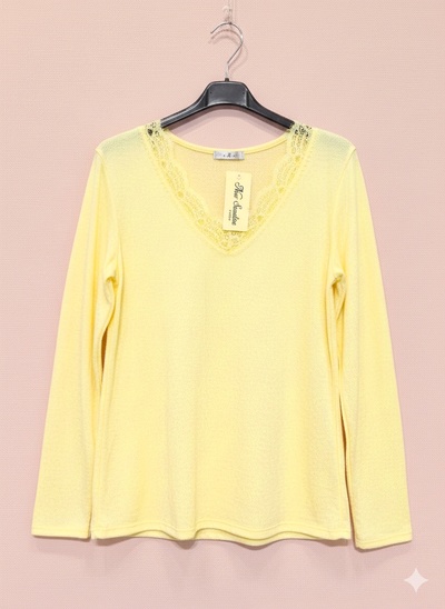 Grossiste New Sunshine - T-shirt manches longues col V dentelle Grossiste New Sunshine - T-shirt manches longues col V dentelle