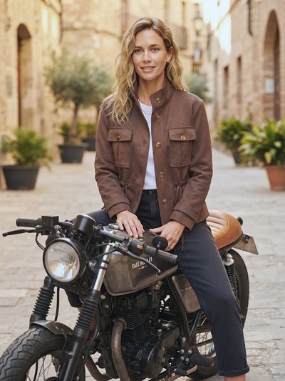 Grossiste New Sunshine - Veste courte en suédine avec poches à rabat Grossiste New Sunshine - Veste courte en suédine avec poches à rabat