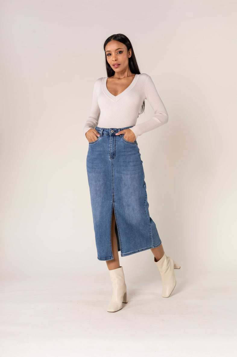 Grossiste Nina Carter - Jupe longue fendue en jean