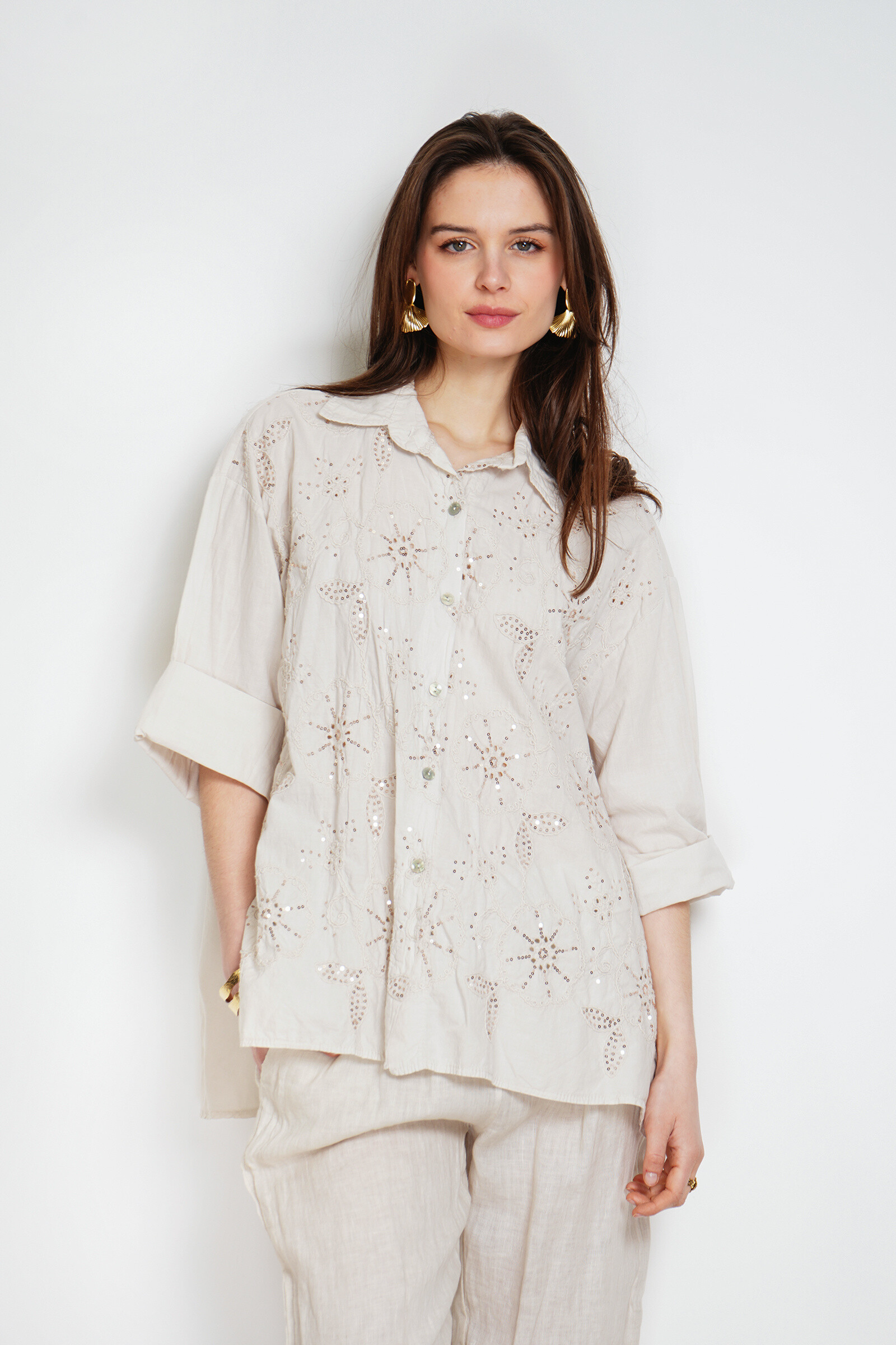Wholesaler Noéline - Bi-material embroidered shirt with sequins