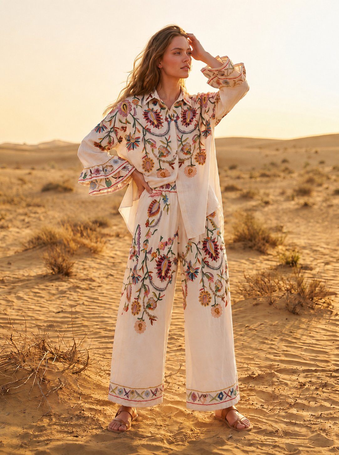 Mayorista NOS - Conjunto de blusa con mangas abullonadas y pantalón ancho