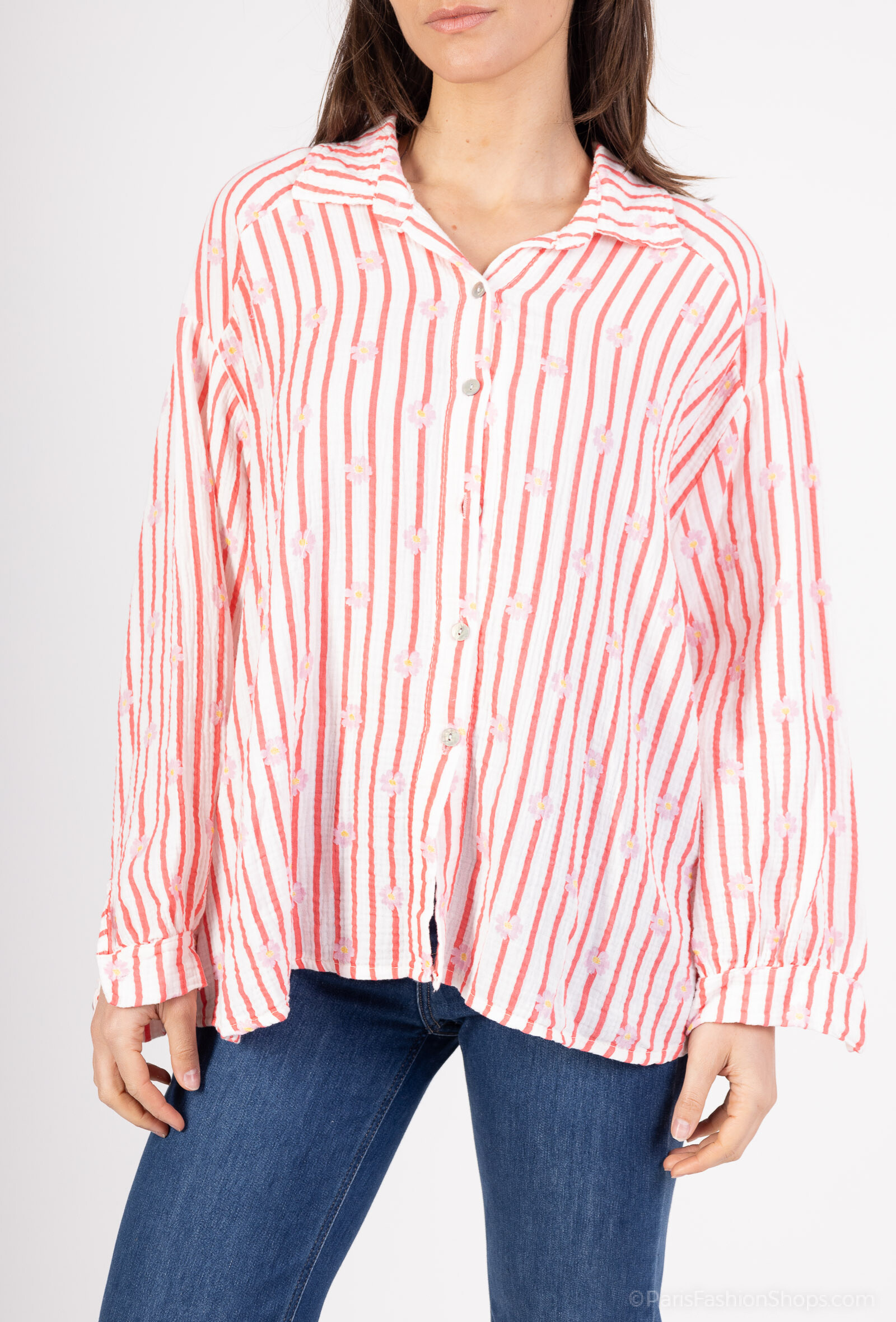 Grossiste NOTA BENE - Chemise imprimée rayée florale, style oversize, en gaze de coton
