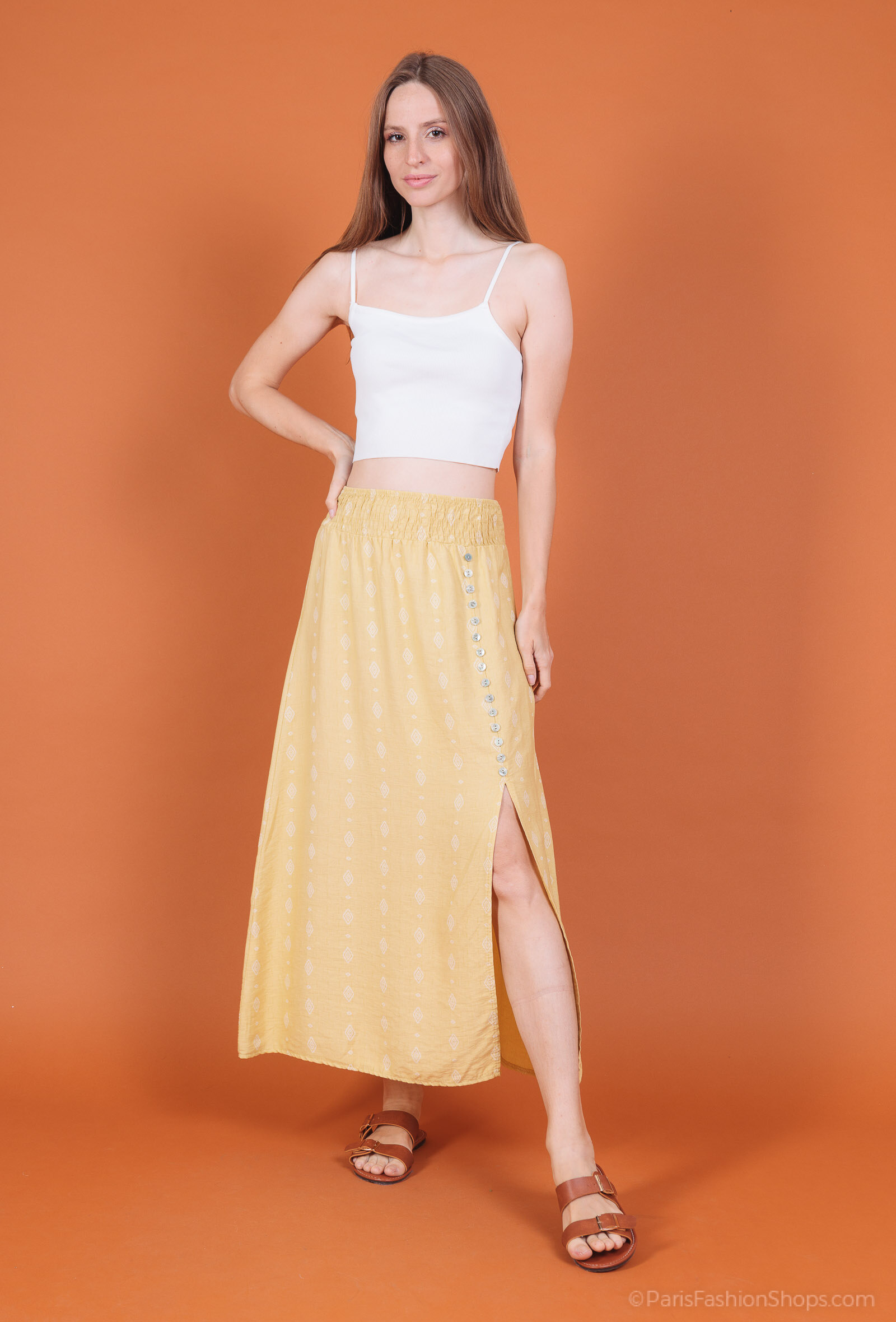 Mayorista NOTA BENE - Falda Larga Bohemia con Botones - 100% Viscosa - Disponible en Varios Colores
