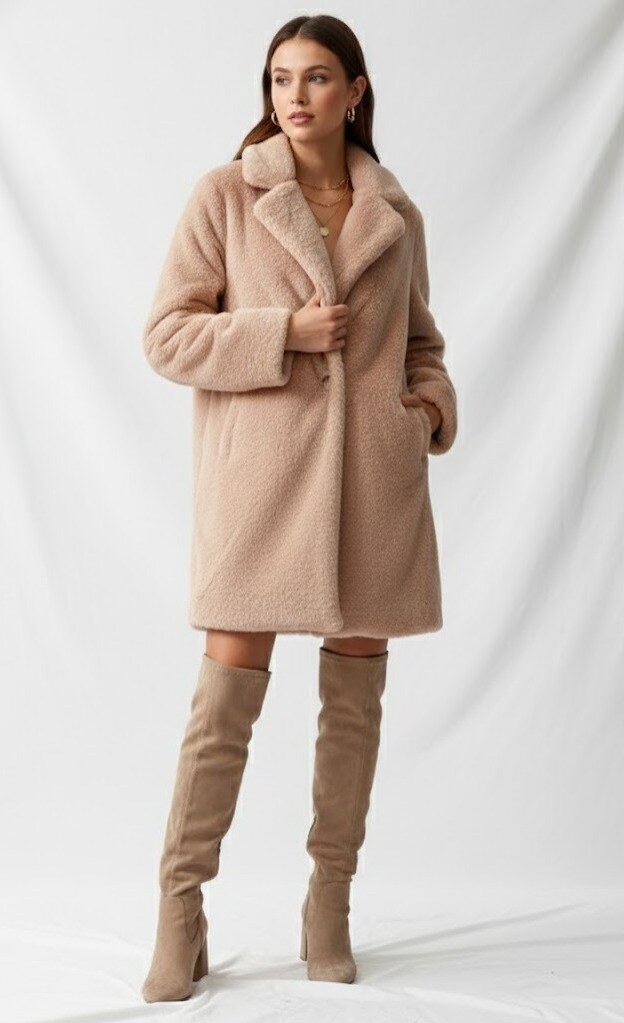 Grossiste NOTA BENE - Manteau fausse fourrure – Bouton bijou – Poches latérales – Élégance hivernale