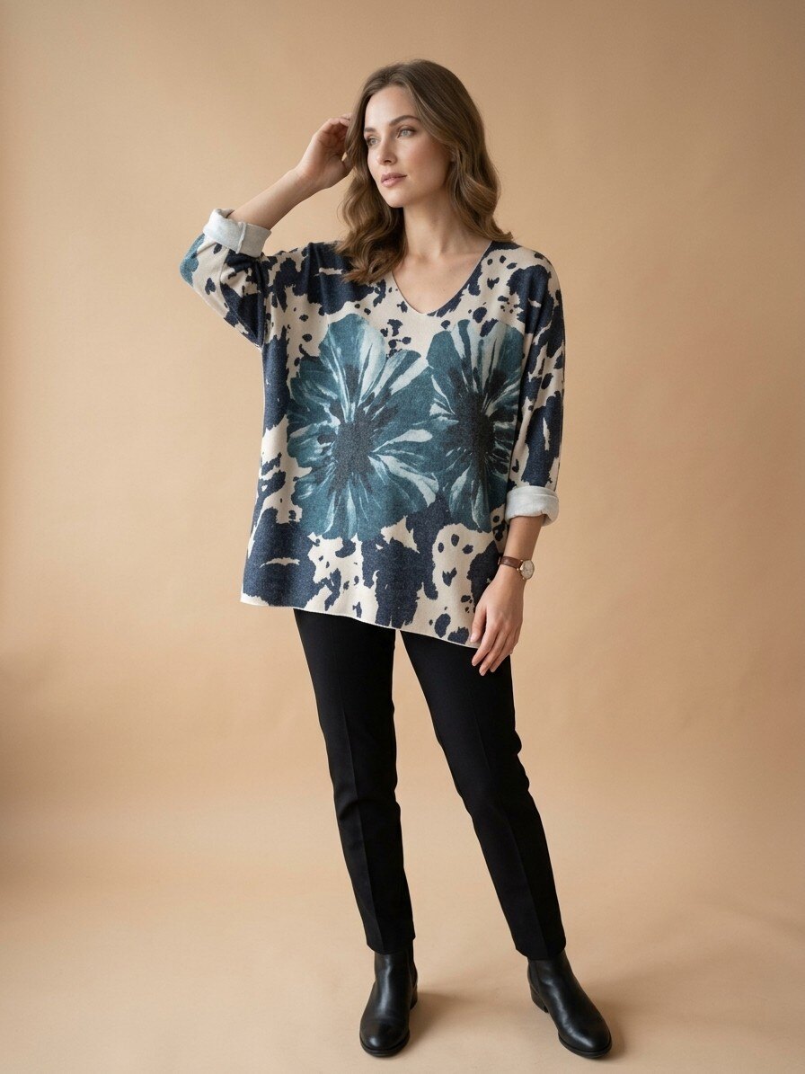 Grossiste NOTA BENE - Pull Léger Oversize Col V - Imprimé