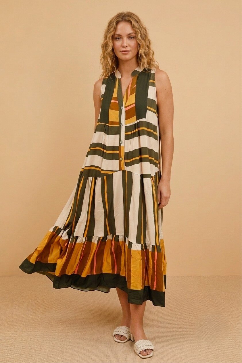 Großhändler NOTA BENE - Ärmelloses Langkleid mit Mehrfarbigen Streifen - Schicker und Boho-Stil