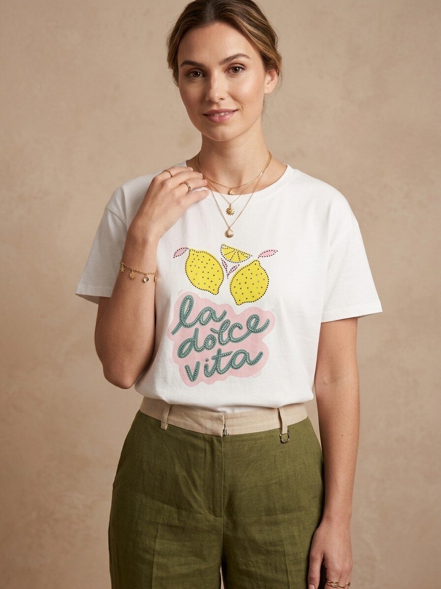 Wholesaler NOTA BENE - Round Neck T-shirt with Print & Rhinestones