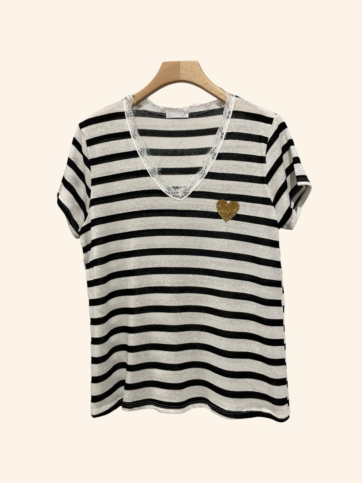Grossista NOTA BENE - T-shirt a Righe con Collo a V in Pizzo e Motivo Cuore Glitterato