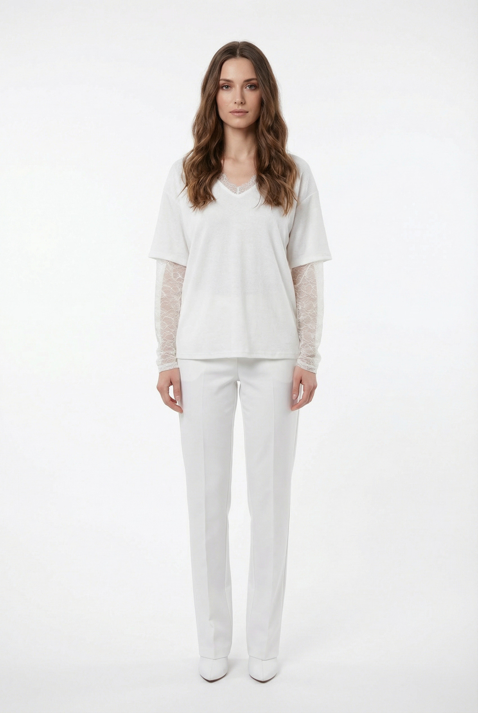 Grossiste NOTA BENE - Top faux 2-en-1 col V dentelle et manches dentelles