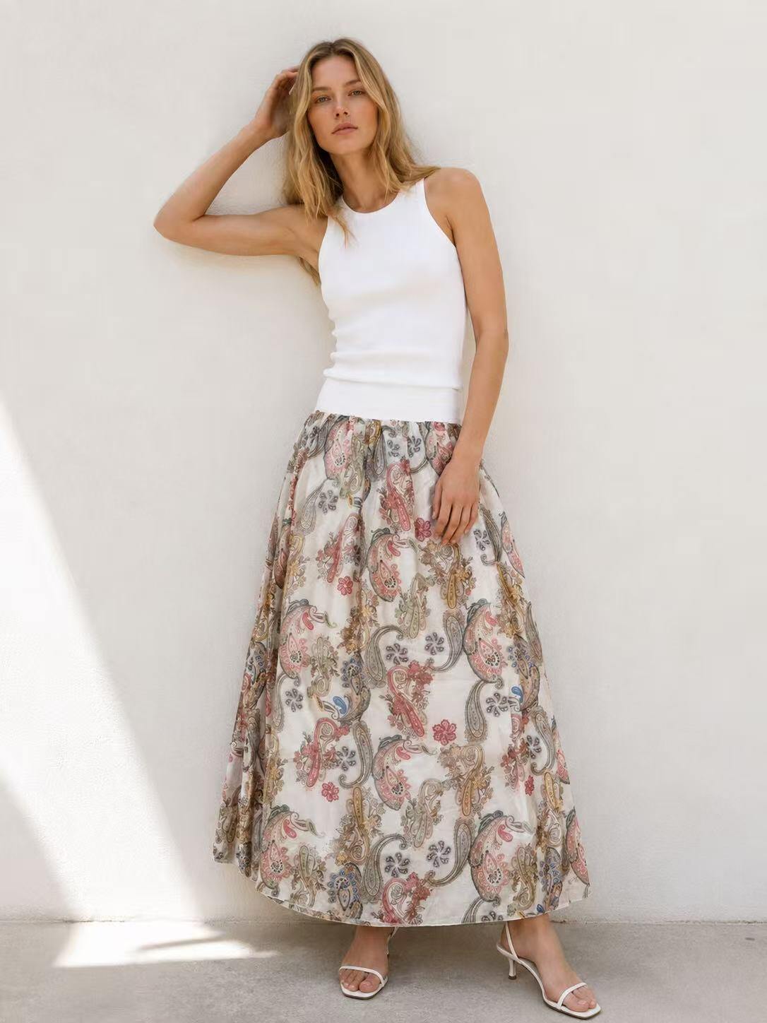 Mayorista O.TD - Falda larga de gasa con estampado de cachemira