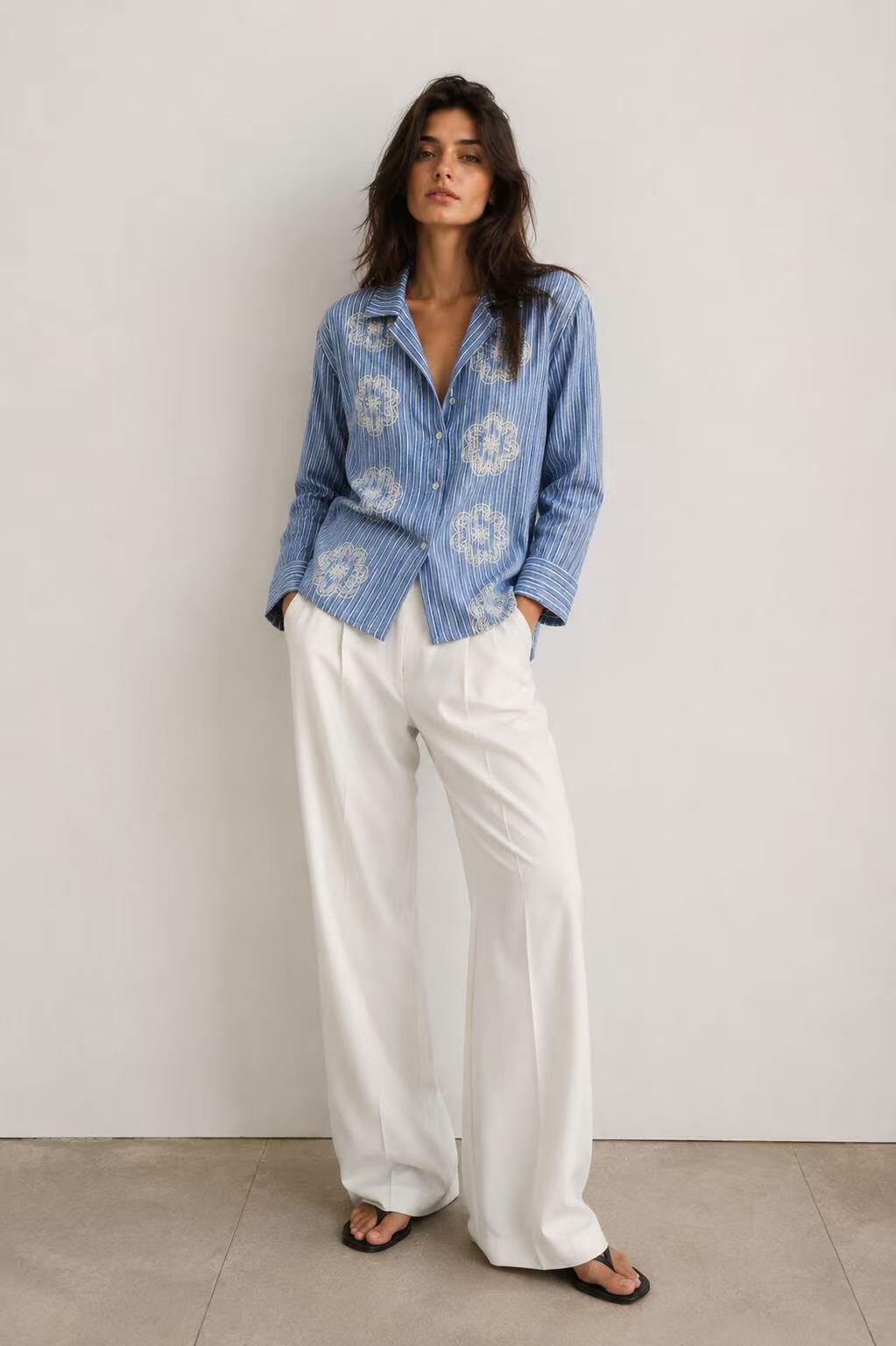 Mayorista O.TD - Camisa a rayas bordada estilo mediterráneo