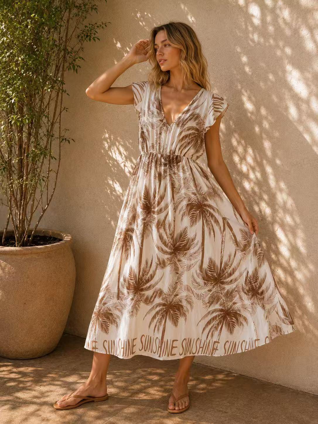 Mayorista O.TD - Vestido midi estampado de palmeras
