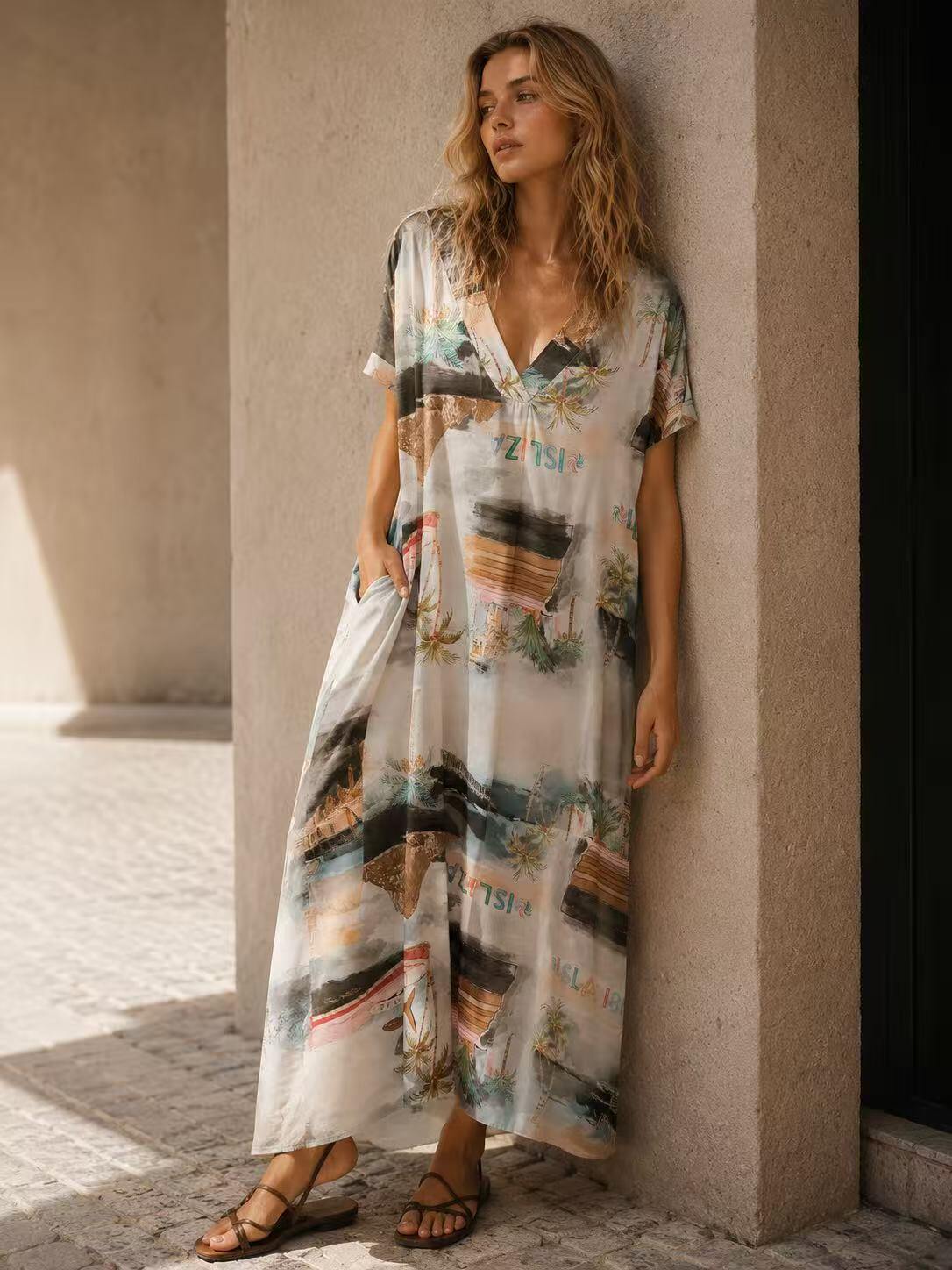 Wholesaler O.TD - Long dress with Ibiza print pockets summer