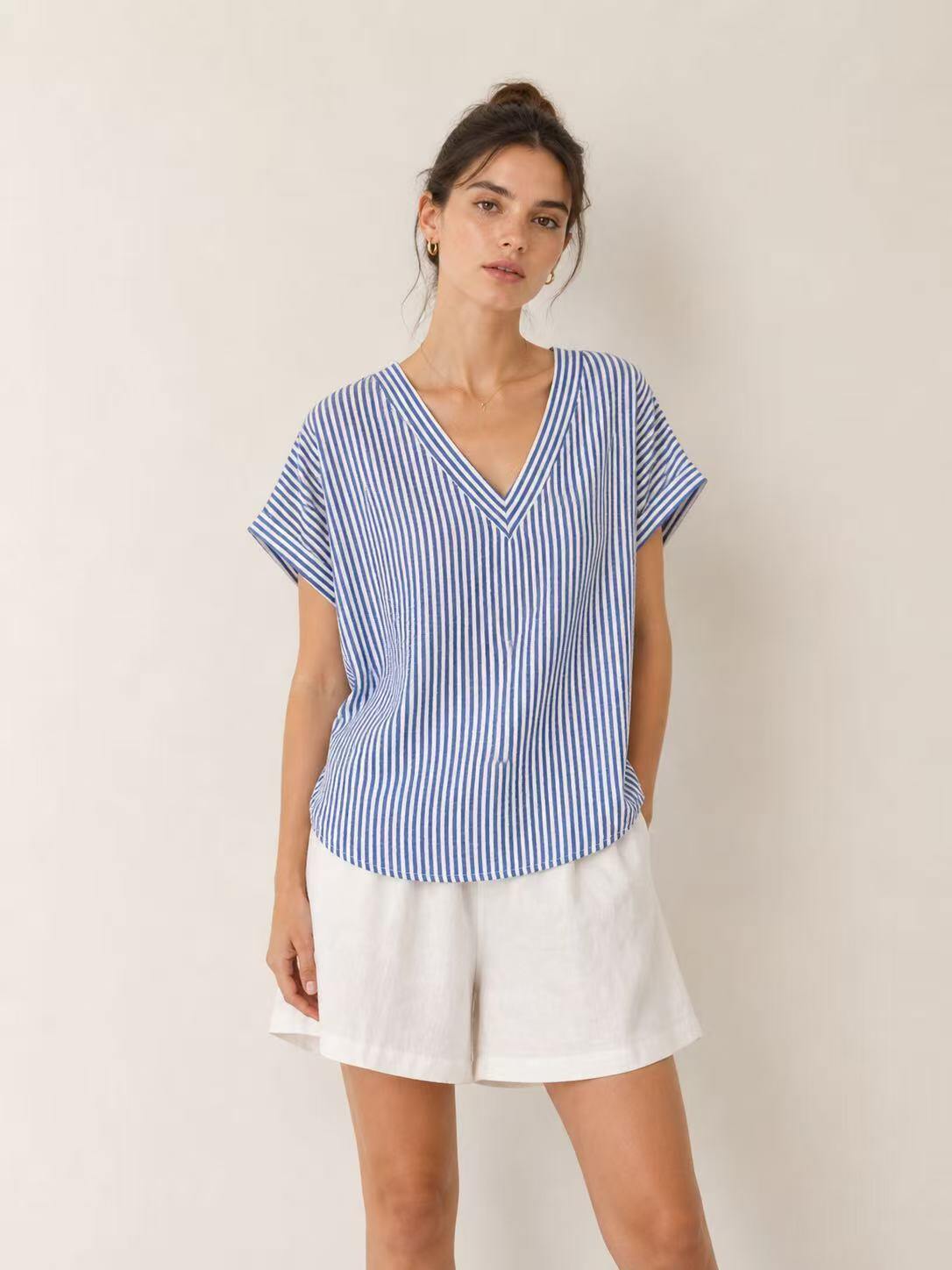 Mayorista O.TD - Top de camiseta a rayas con cuello en V