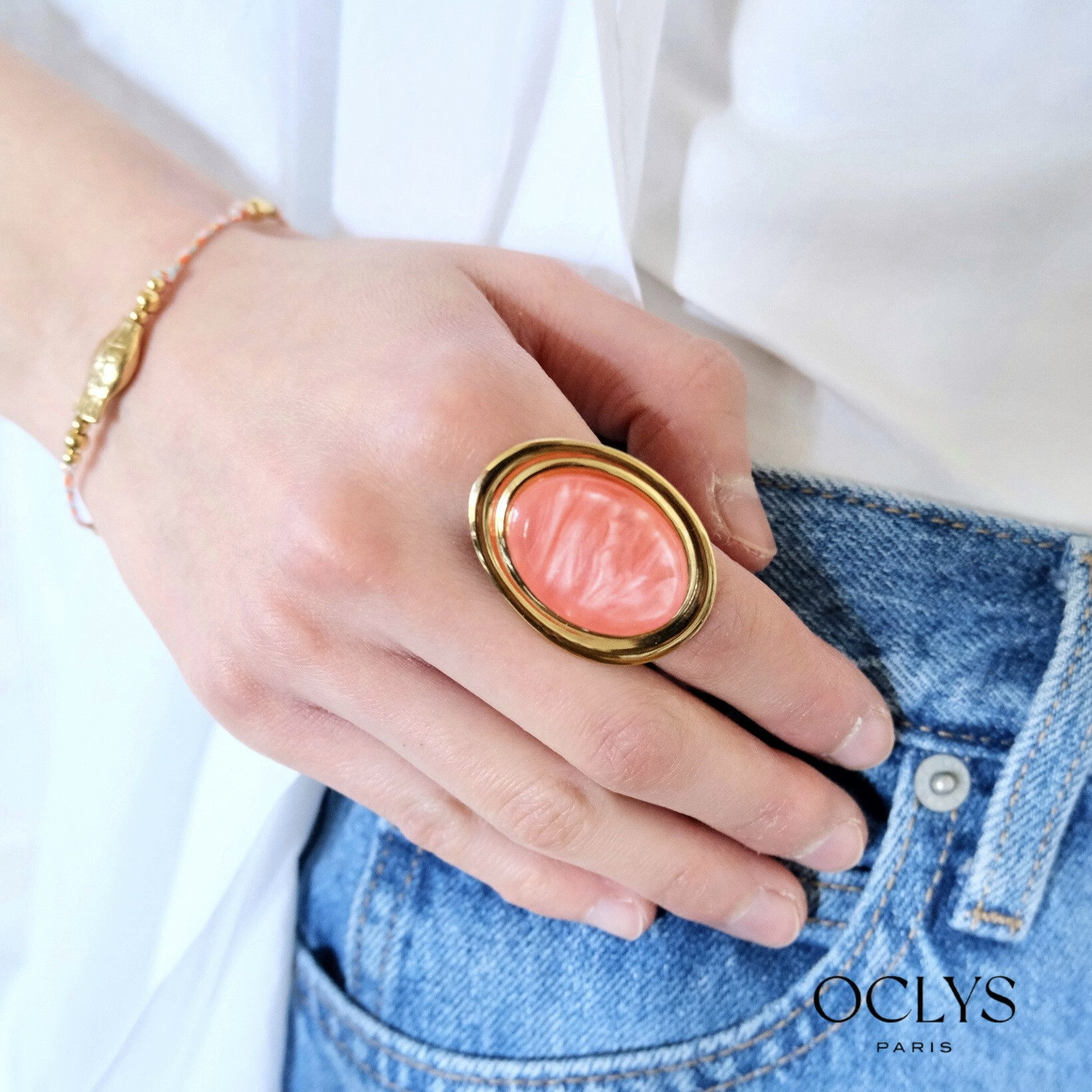 Wholesaler OCLYS - Stainless steel golden steel bracelet Kity Flower fabric