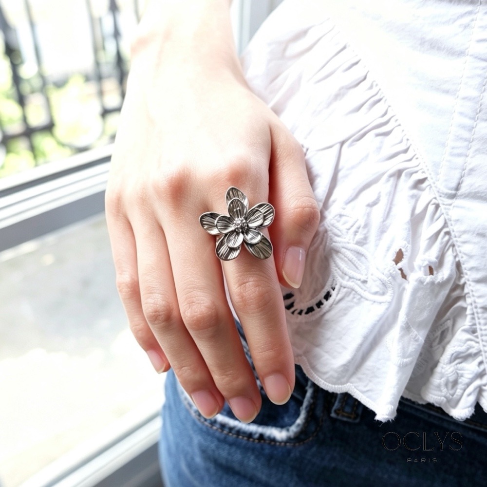 Mayorista OCLYS - Anillo doble flor de acero inoxidable Nina plata